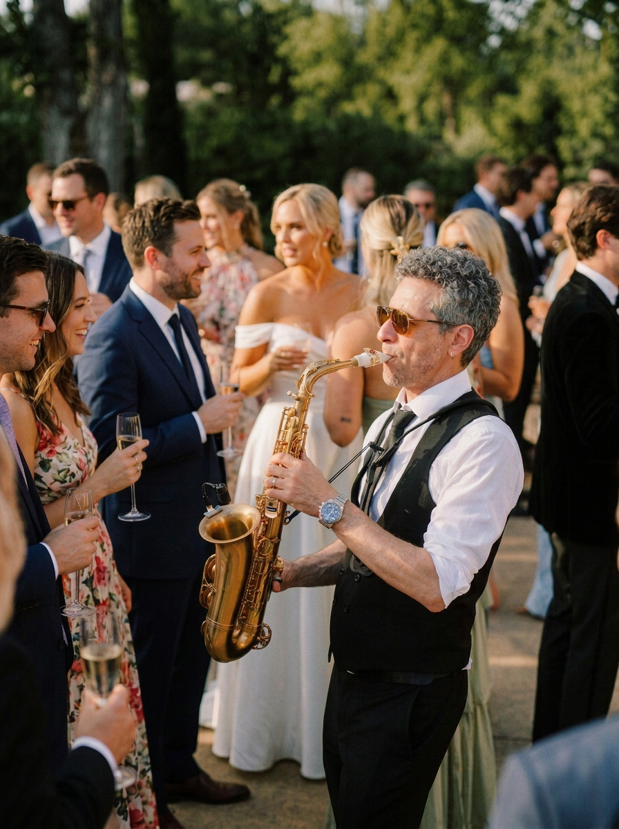 Saxophonist playing for a crowd at an outdoor celebration