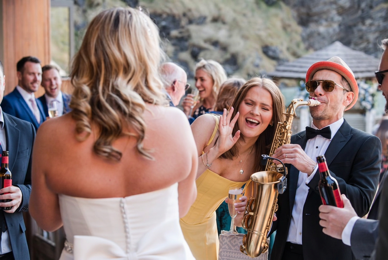 Saxophonist playing beside a bride and her guests