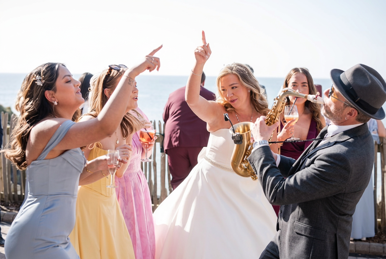 Saxophonist playing at a seaside wedding